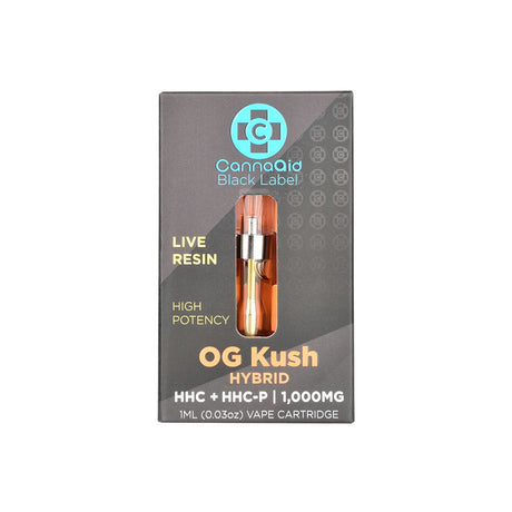 CannaAid Black Label HHC HHCP Vape Cartridge - OG Kush 1mL, front view on seamless white