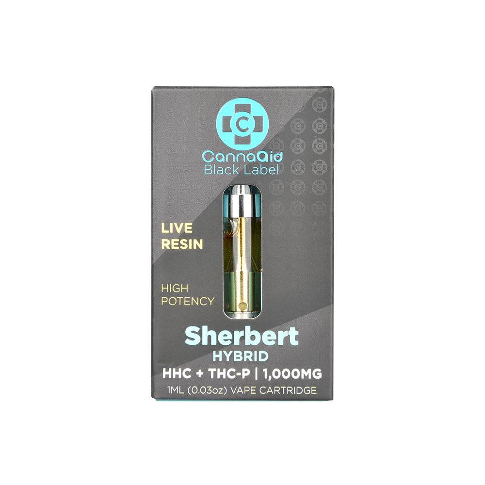 CannaAid Black Label HHC THCP Vape Cartridge front view with Sherbert strain packaging