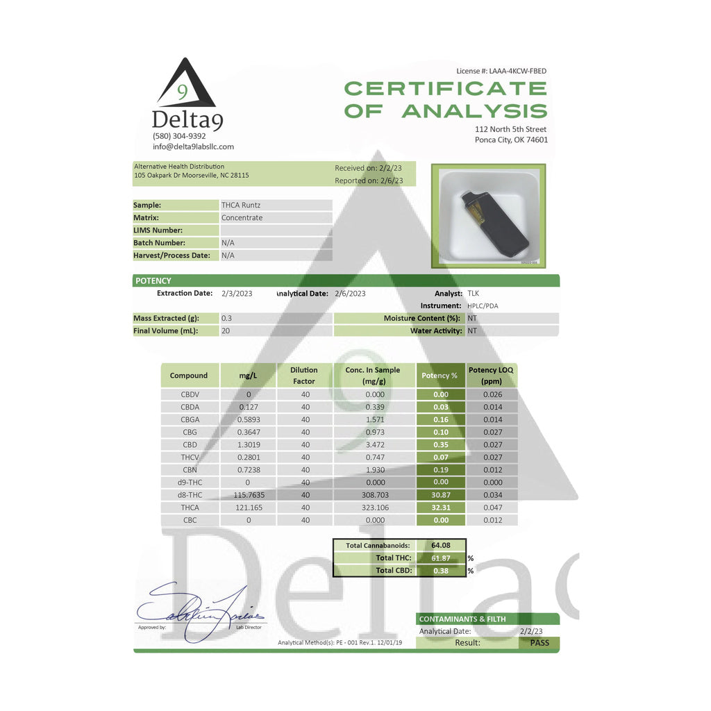 Peak High Potency THCA Vape Display with Runtz Flavor, Certificate of Analysis in Background