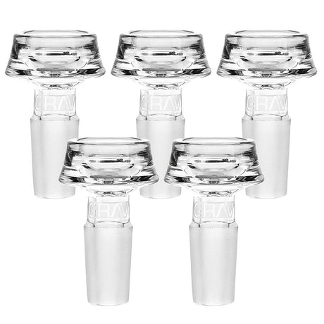 5-piece GRAV Caldera Bowl set in clear borosilicate glass, 14mm male joint size, front view on white background