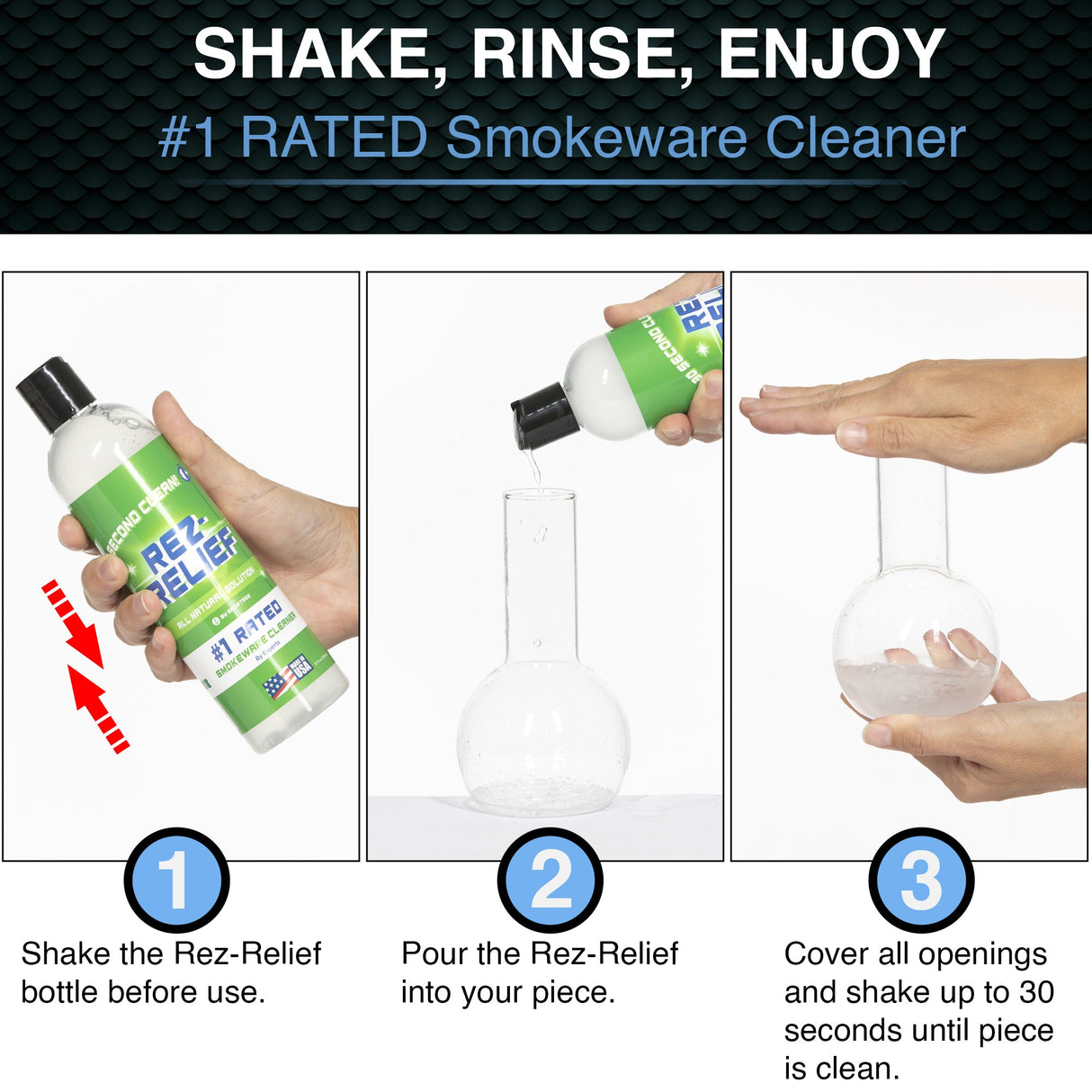 Snowtree Rez Relief Cleaning Solution 2-Pack showing usage steps for cleaning glassware