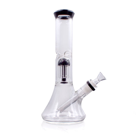 Clear 11" 6 Arm Perc Beaker Water Pipe by The Stash Shack with black accents, front view on white background