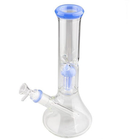Clear 11" 6 Arm Perc Beaker Water Pipe with Blue Accents - Front View on White Background