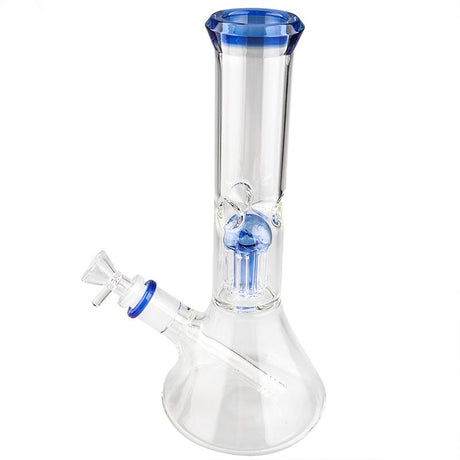 Clear Borosilicate 6 Arm Perc Beaker Water Pipe with Bright Blue Accents - Front View
