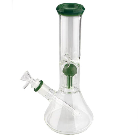 Clear Borosilicate Glass Beaker Bong with 6 Arm Perc and Lake Green Accents, Front View