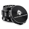 Kozo 2 inch aircraft-grade aluminum grinder in black, angled view with the lid tilted open and logo visible