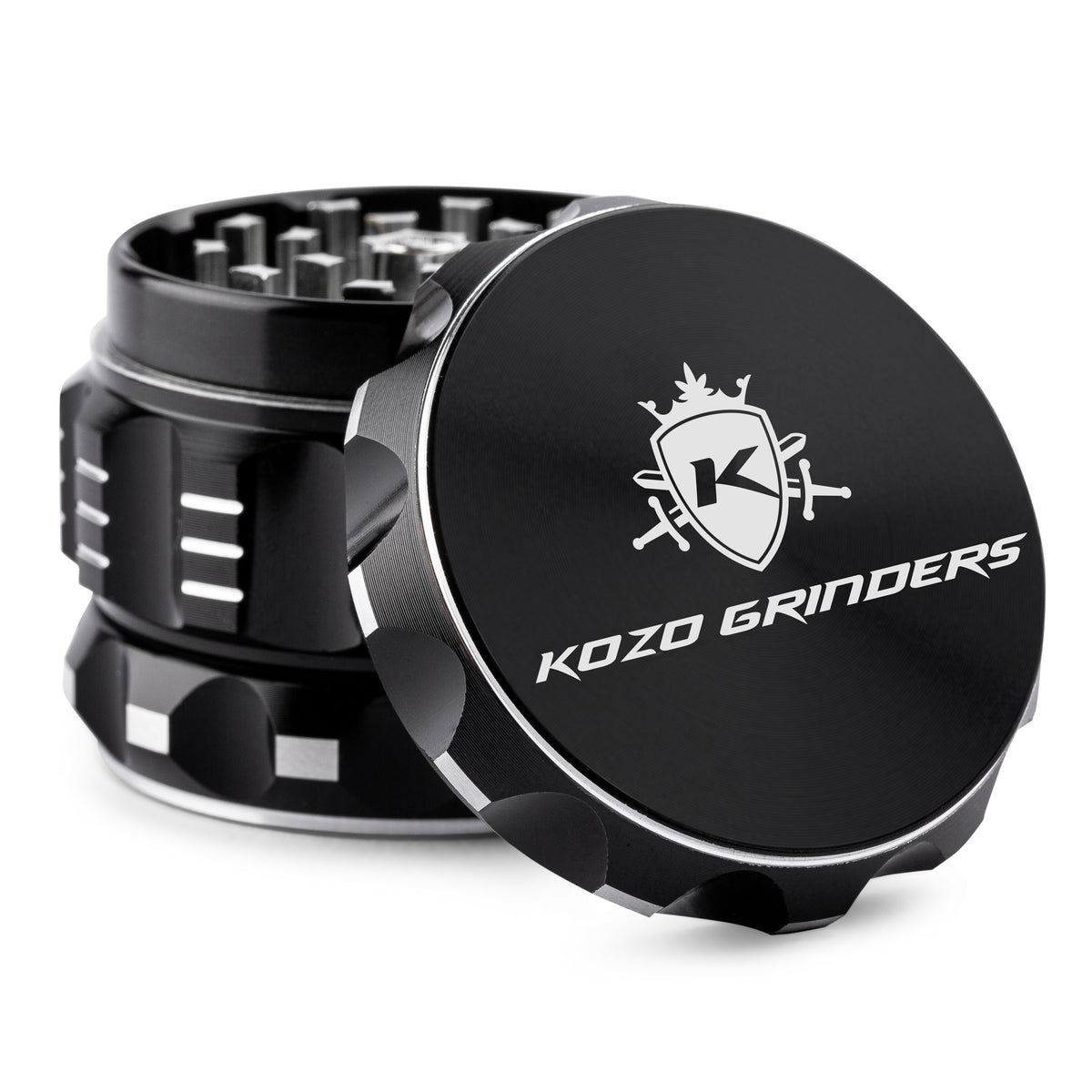 Kozo 2 inch aircraft-grade aluminum grinder in black, angled view with the lid tilted open and logo visible