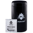 Kozo 1 oz black UV glass storage jar with airtight lid, shown standing next to a humidity packet
