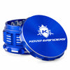 Kozo 3 inch aircraft-grade aluminum grinder in blue, angled view with the lid tilted open and logo visible