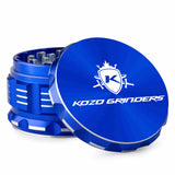 Kozo 3 inch aircraft-grade aluminum grinder in blue, angled view with the lid tilted open and logo visible