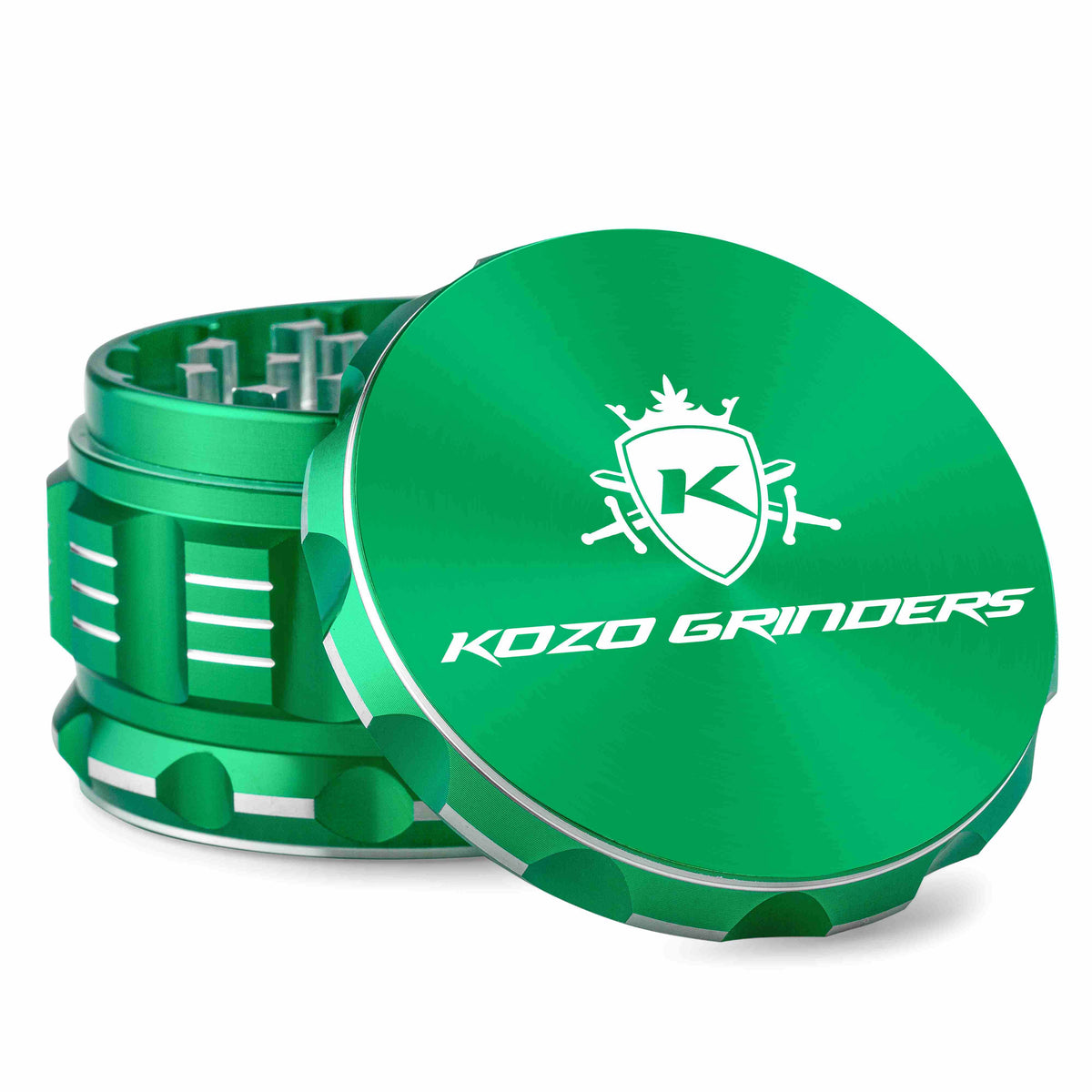 Kozo 3 inch aircraft-grade aluminum grinder in green, angled view with the lid tilted open and logo visible