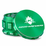Kozo 3 inch aircraft-grade aluminum grinder in green, angled view with the lid tilted open and logo visible