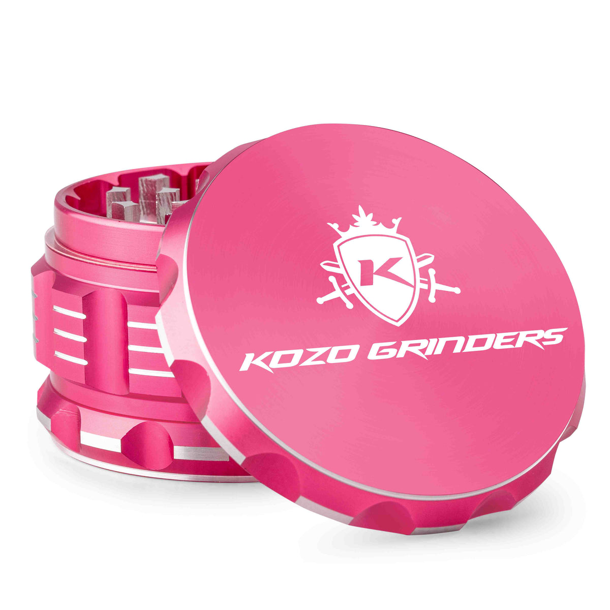 Kozo 3 inch aircraft-grade aluminum grinder in pink, angled view with the lid tilted open and logo visible