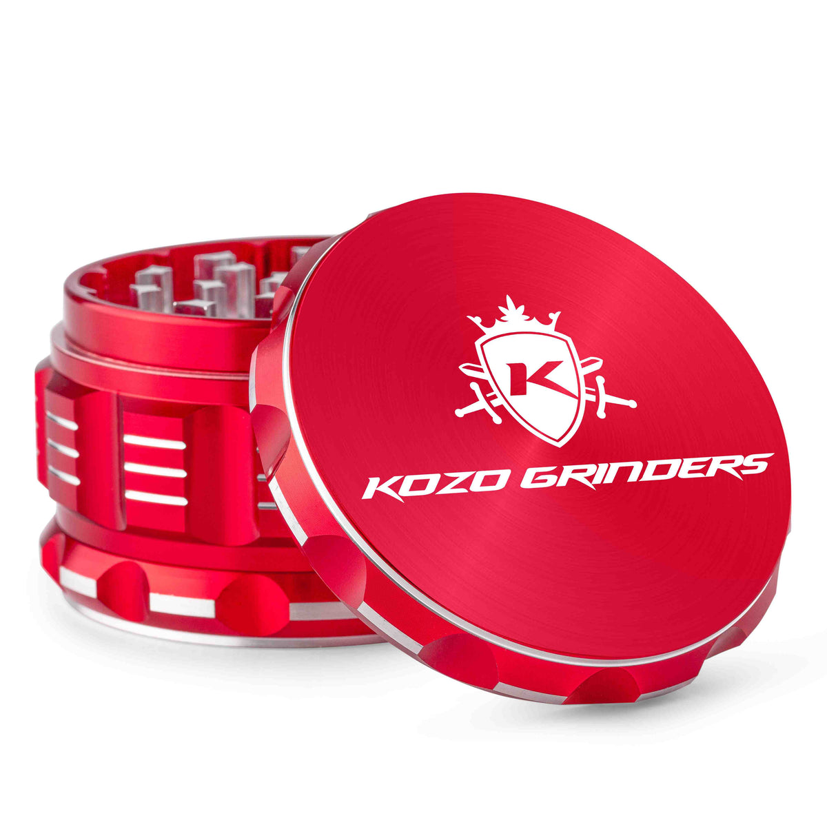 Kozo 3 inch aircraft-grade aluminum grinder in red, angled view with the lid tilted open and logo visible