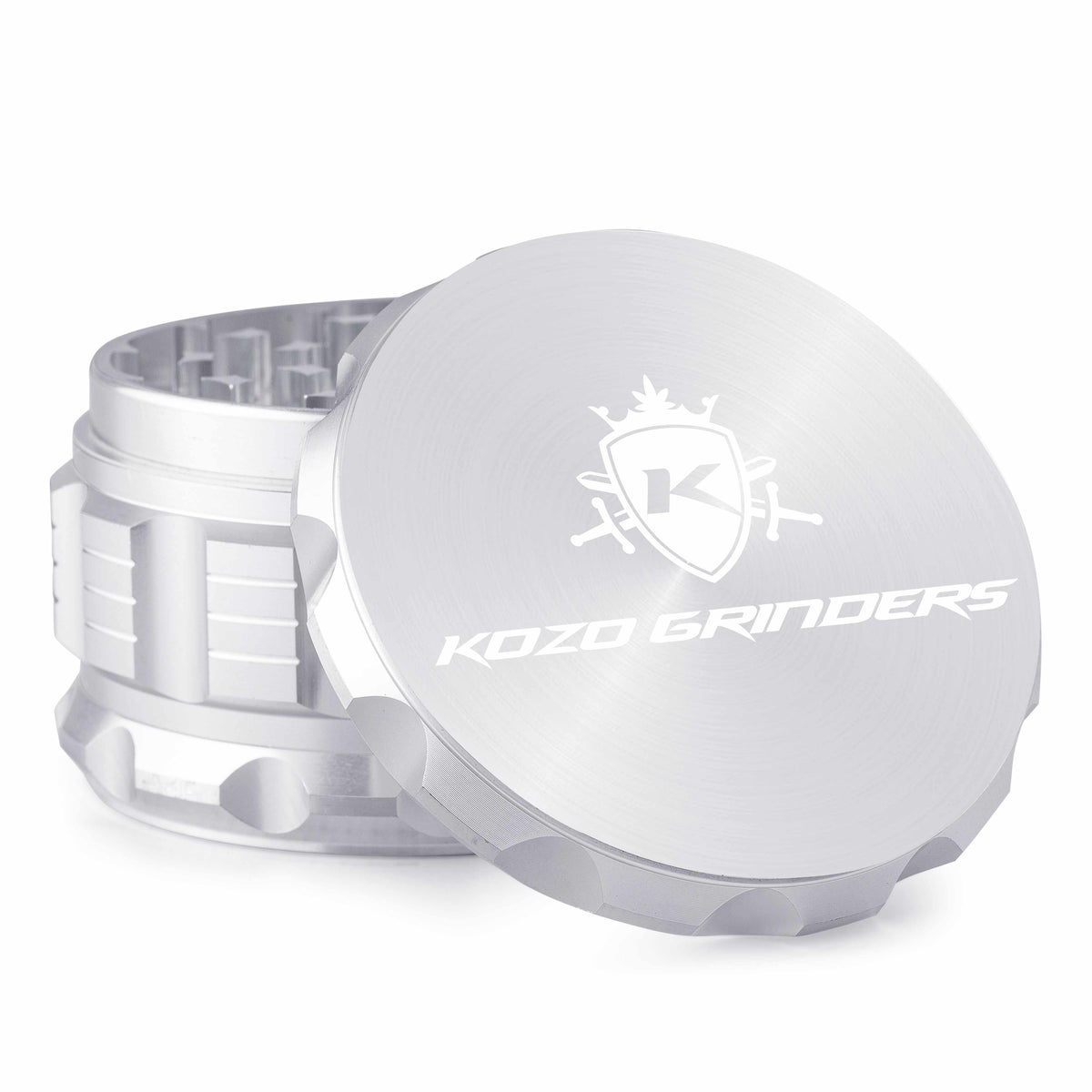 Kozo 3 inch aircraft-grade aluminum grinder in silver, angled view with the lid tilted open and logo visible