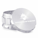 Kozo 3 inch aircraft-grade aluminum grinder in silver, angled view with the lid tilted open and logo visible