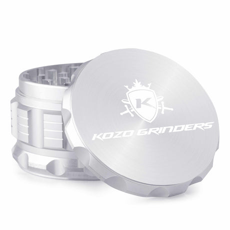 Kozo 3 inch aircraft-grade aluminum grinder in silver, angled view with the lid tilted open and logo visible