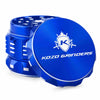 Kozo 2 inch aircraft-grade aluminum grinder in blue, angled view with the lid tilted open and logo visible