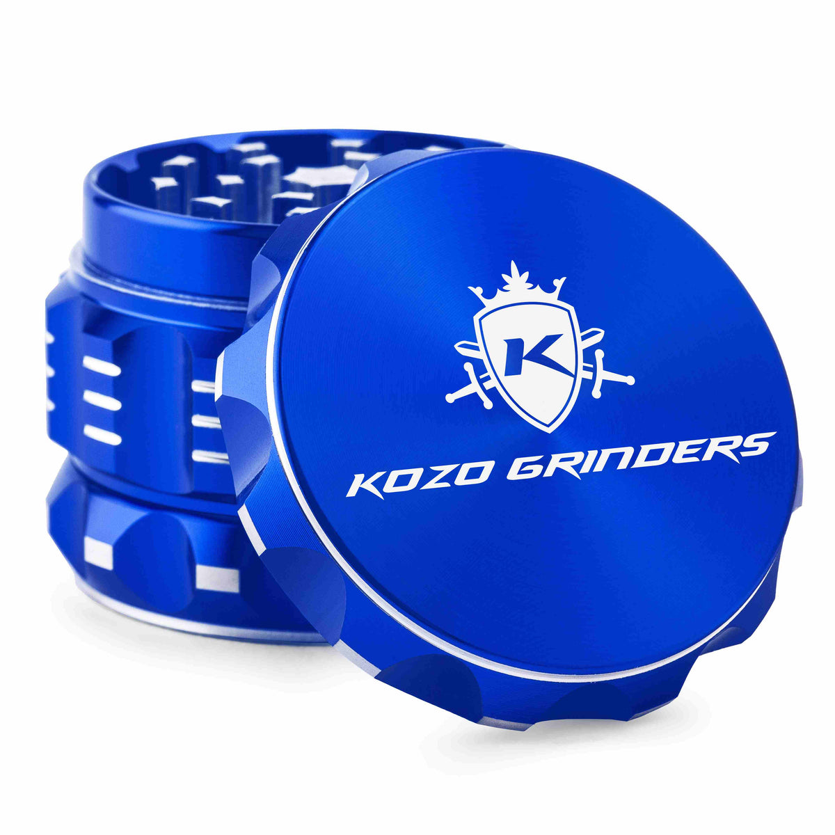 Kozo 2 inch aircraft-grade aluminum grinder in blue, angled view with the lid tilted open and logo visible