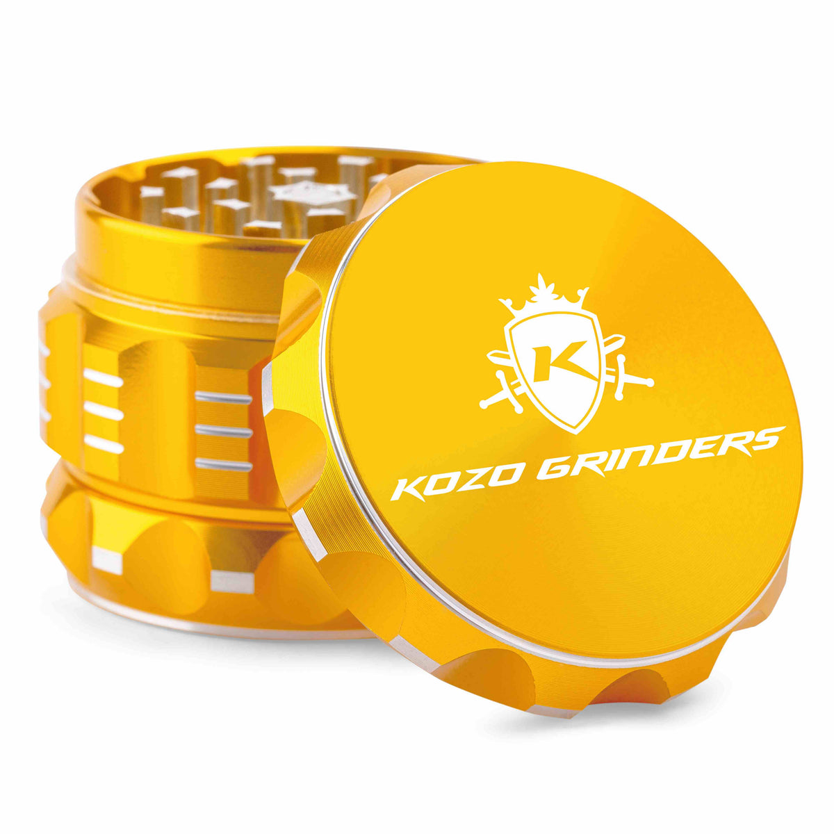 Kozo 2 inch aircraft-grade aluminum grinder in gold, angled view with the lid tilted open and logo visible