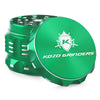 Kozo 2 inch aircraft-grade aluminum grinder in green, angled view with the lid tilted open and logo visible