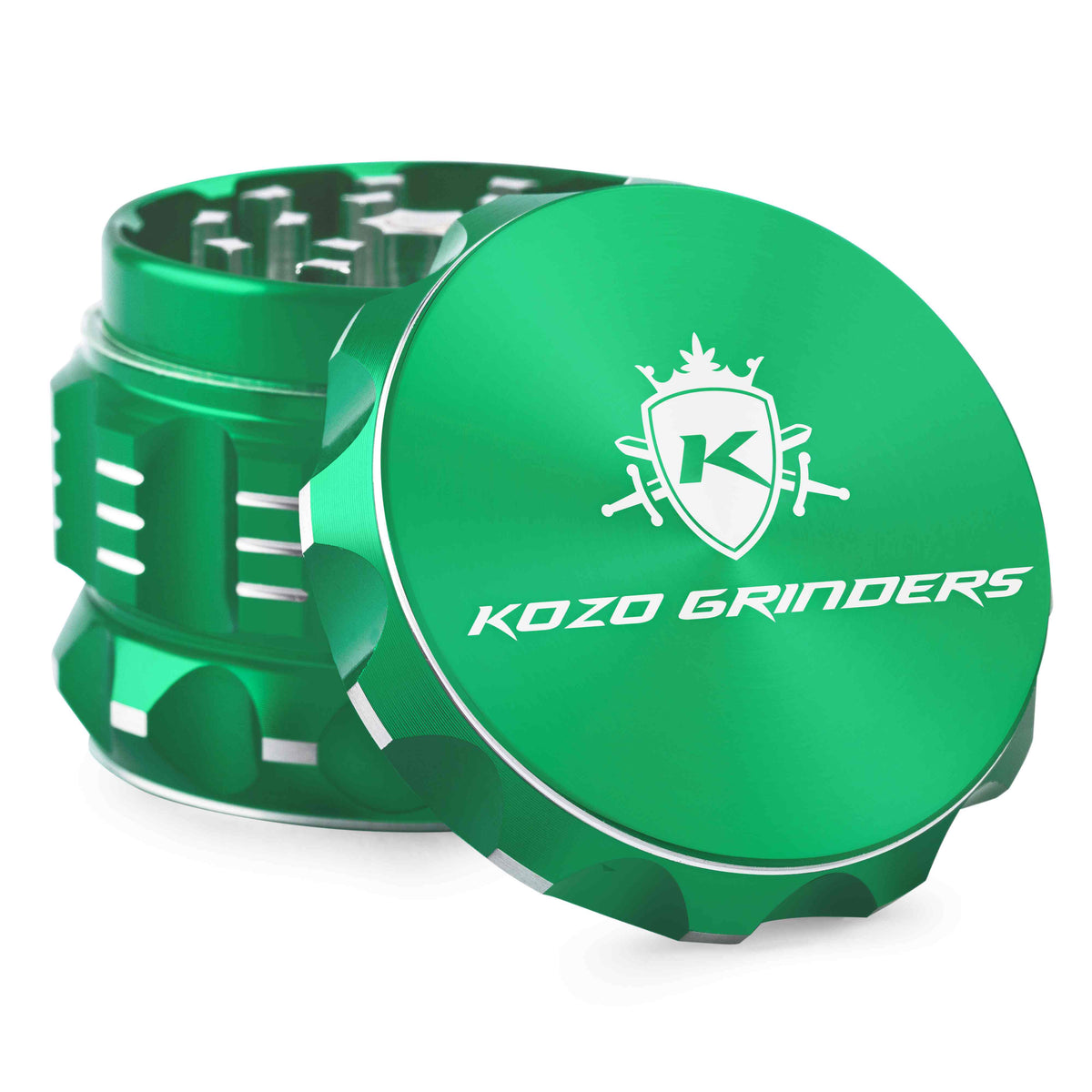 Kozo 2 inch aircraft-grade aluminum grinder in green, angled view with the lid tilted open and logo visible