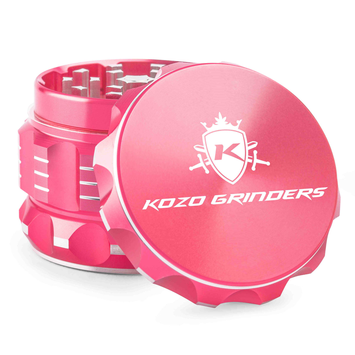 Kozo 2 inch aircraft-grade aluminum grinder in pink, angled view with the lid tilted open and logo visible
