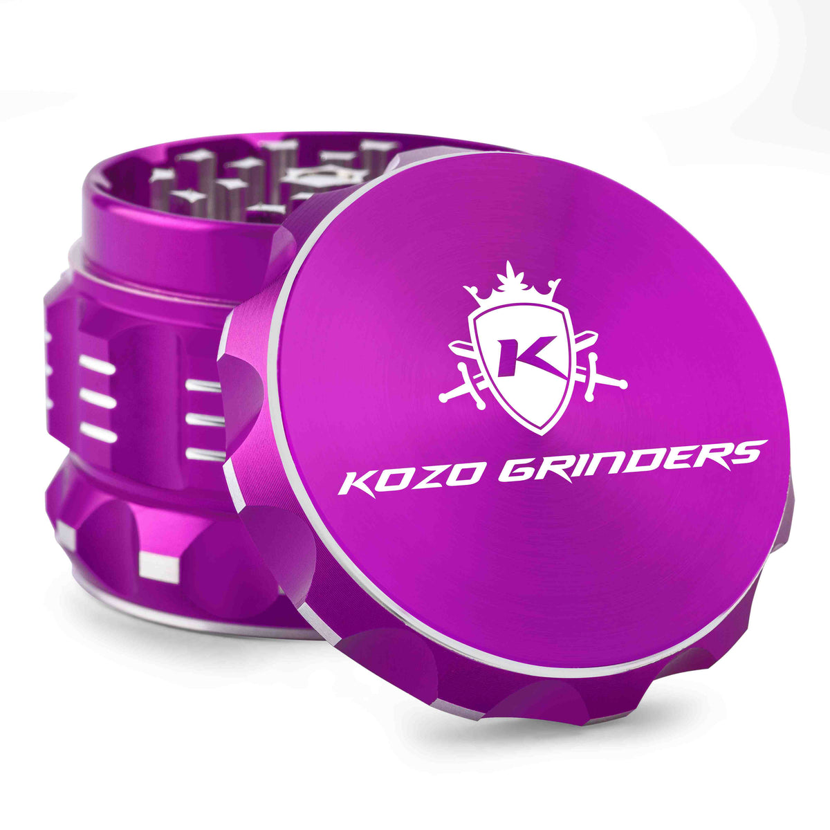 Kozo 2 inch aircraft-grade aluminum grinder in purple, angled view with the lid tilted open and logo visible
