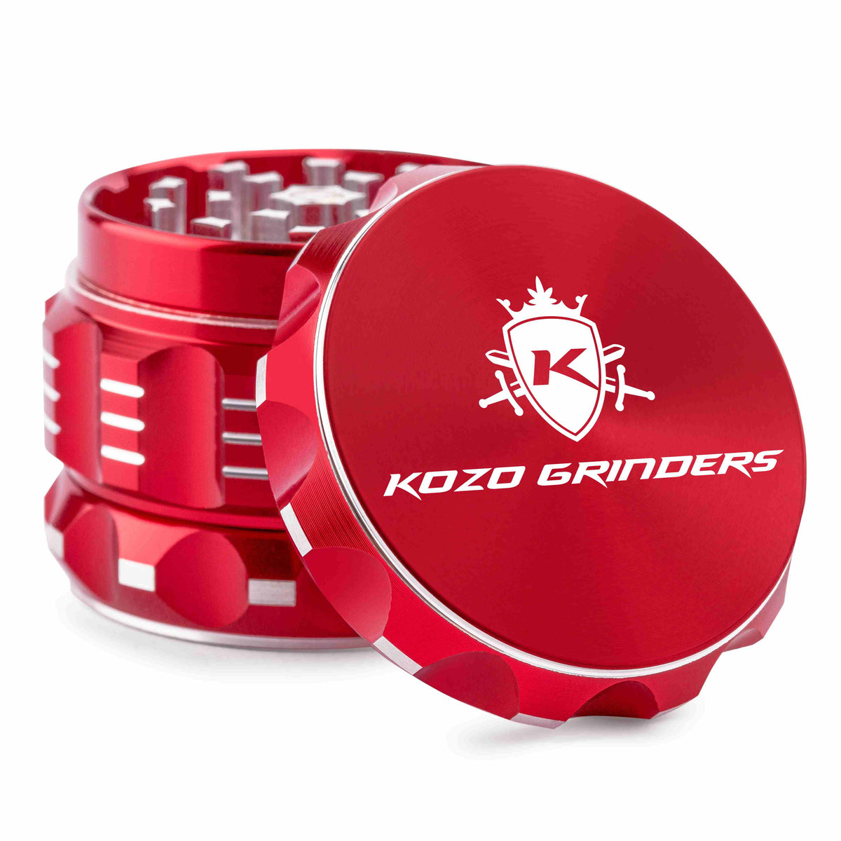 Kozo 2 inch aircraft-grade aluminum grinder in red, angled view with the lid tilted open and logo visible