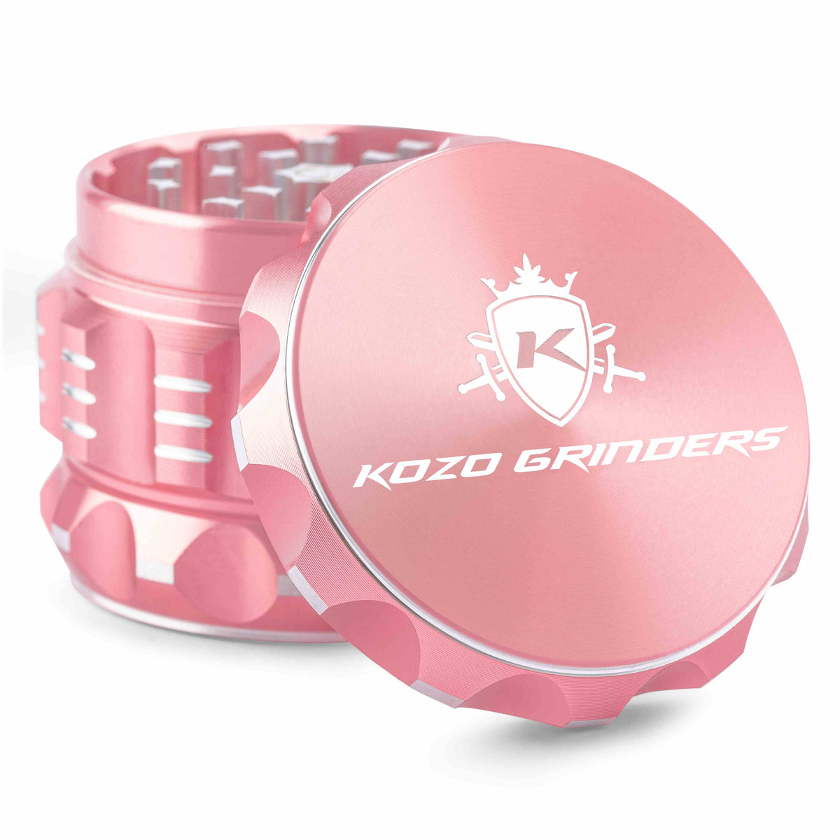 Kozo 2 inch aircraft-grade aluminum grinder in rose gold, angled view with the lid tilted open and logo visible