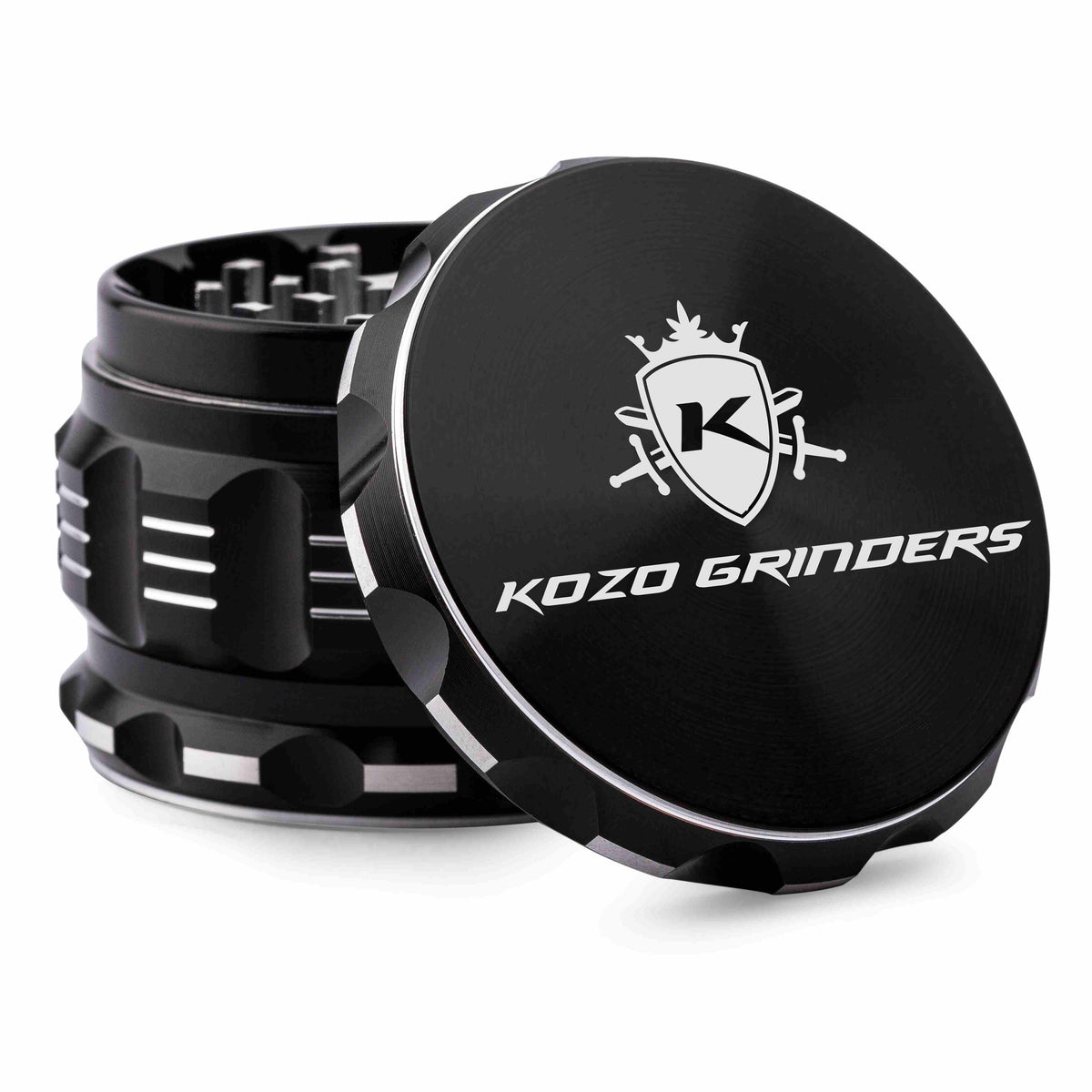 Kozo 2.5 inch aircraft-grade aluminum grinder in black, angled view with the lid tilted open and logo visible