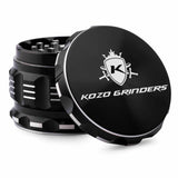 Kozo 2.5 inch aircraft-grade aluminum grinder in black, angled view with the lid tilted open and logo visible