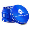 Kozo 2.5 inch aircraft-grade aluminum grinder in blue, angled view with the lid tilted open and logo visible