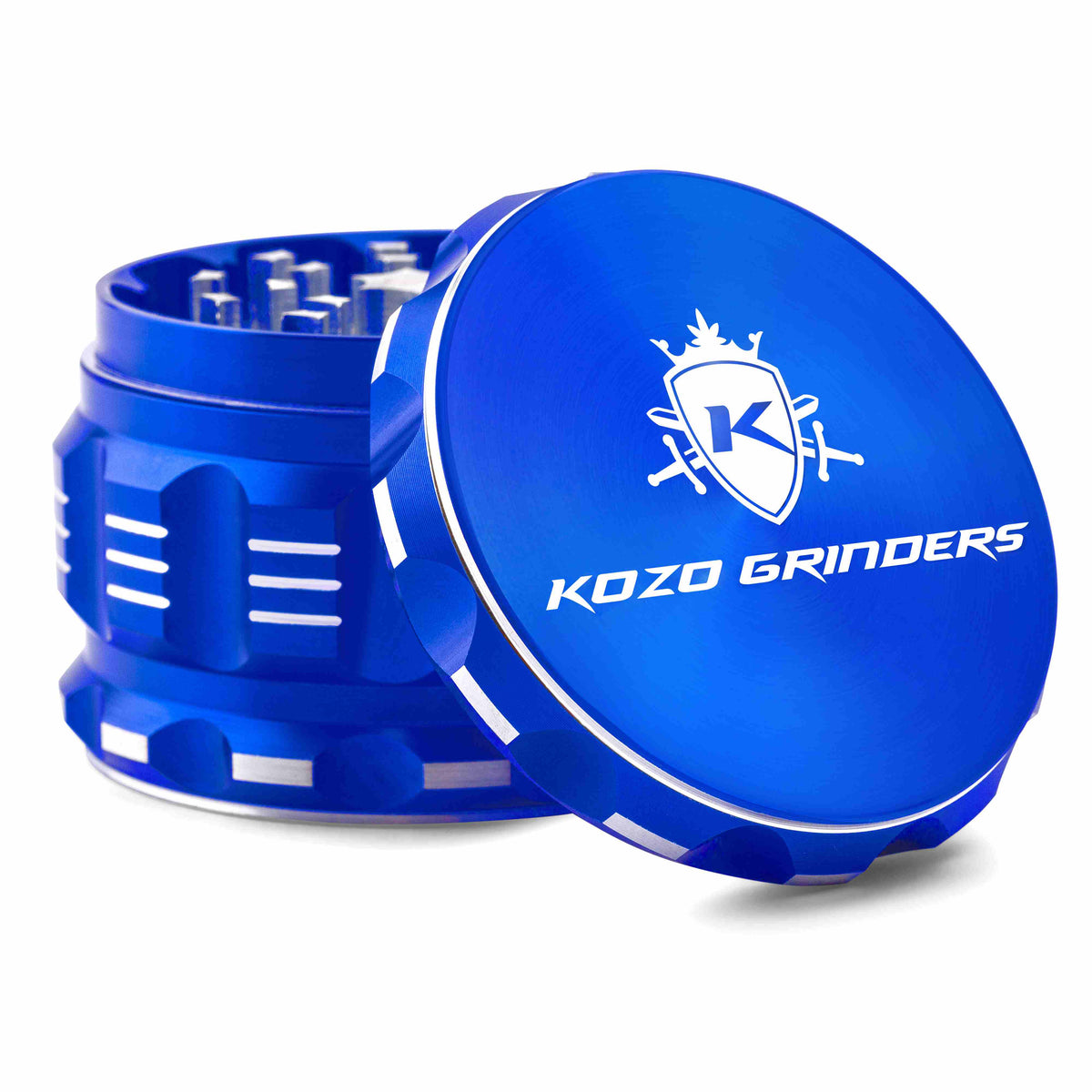 Kozo 2.5 inch aircraft-grade aluminum grinder in blue, angled view with the lid tilted open and logo visible