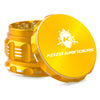 Kozo 2.5 inch aircraft-grade aluminum grinder in gold, angled view with the lid tilted open and logo visible