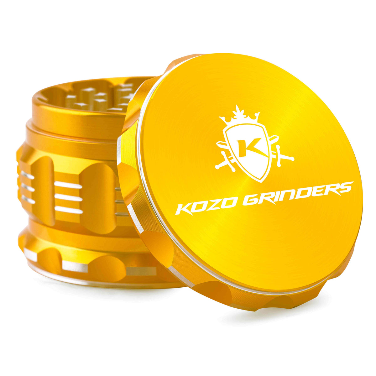 Kozo 2.5 inch aircraft-grade aluminum grinder in gold, angled view with the lid tilted open and logo visible