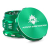 Kozo 2.5 inch aircraft-grade aluminum grinder in green, angled view with the lid tilted open and logo visible