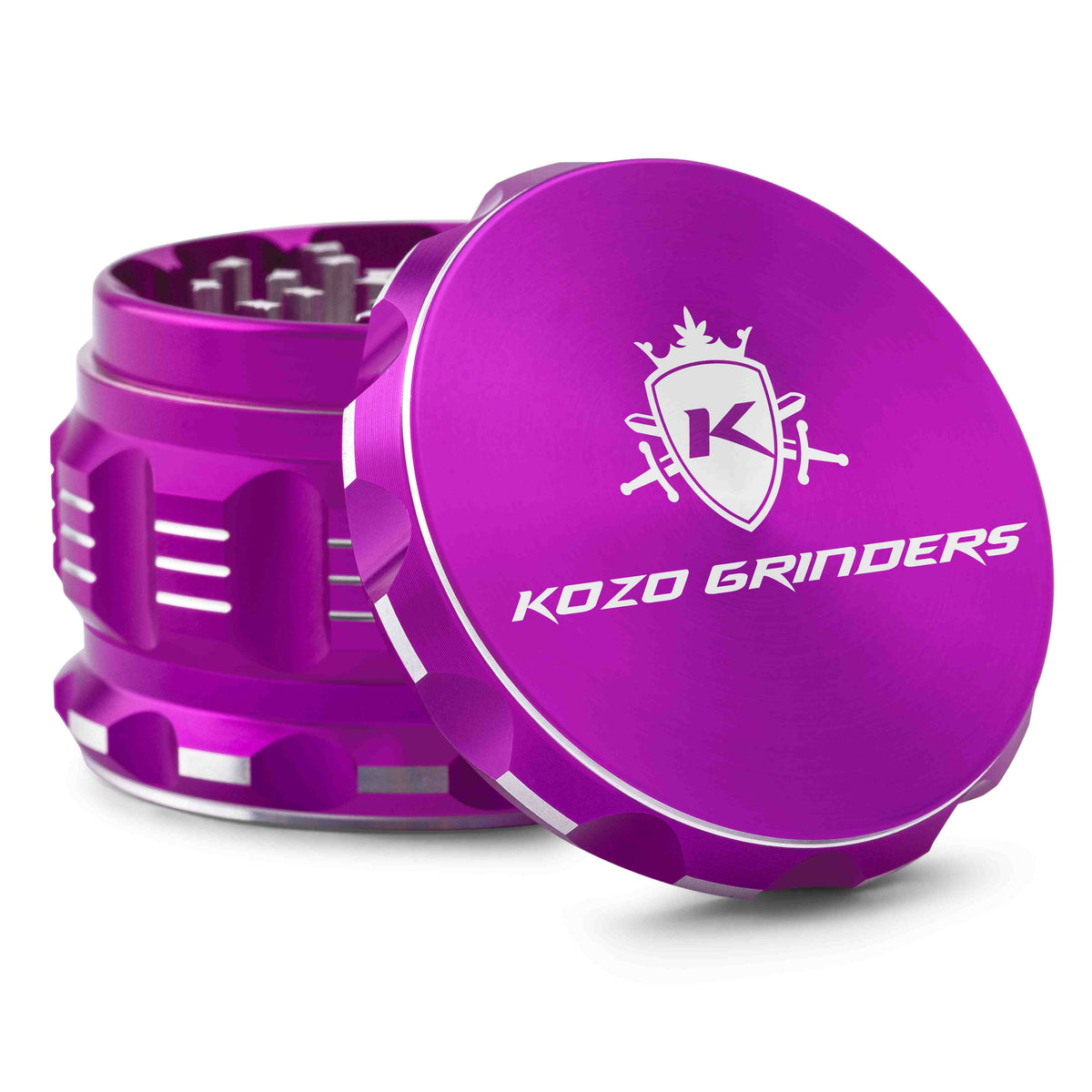 Kozo 2.5 inch aircraft-grade aluminum grinder in purple, angled view with the lid tilted open and logo visible