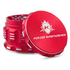 Kozo 2.5 inch aircraft-grade aluminum grinder in red, angled view with the lid tilted open and logo visible