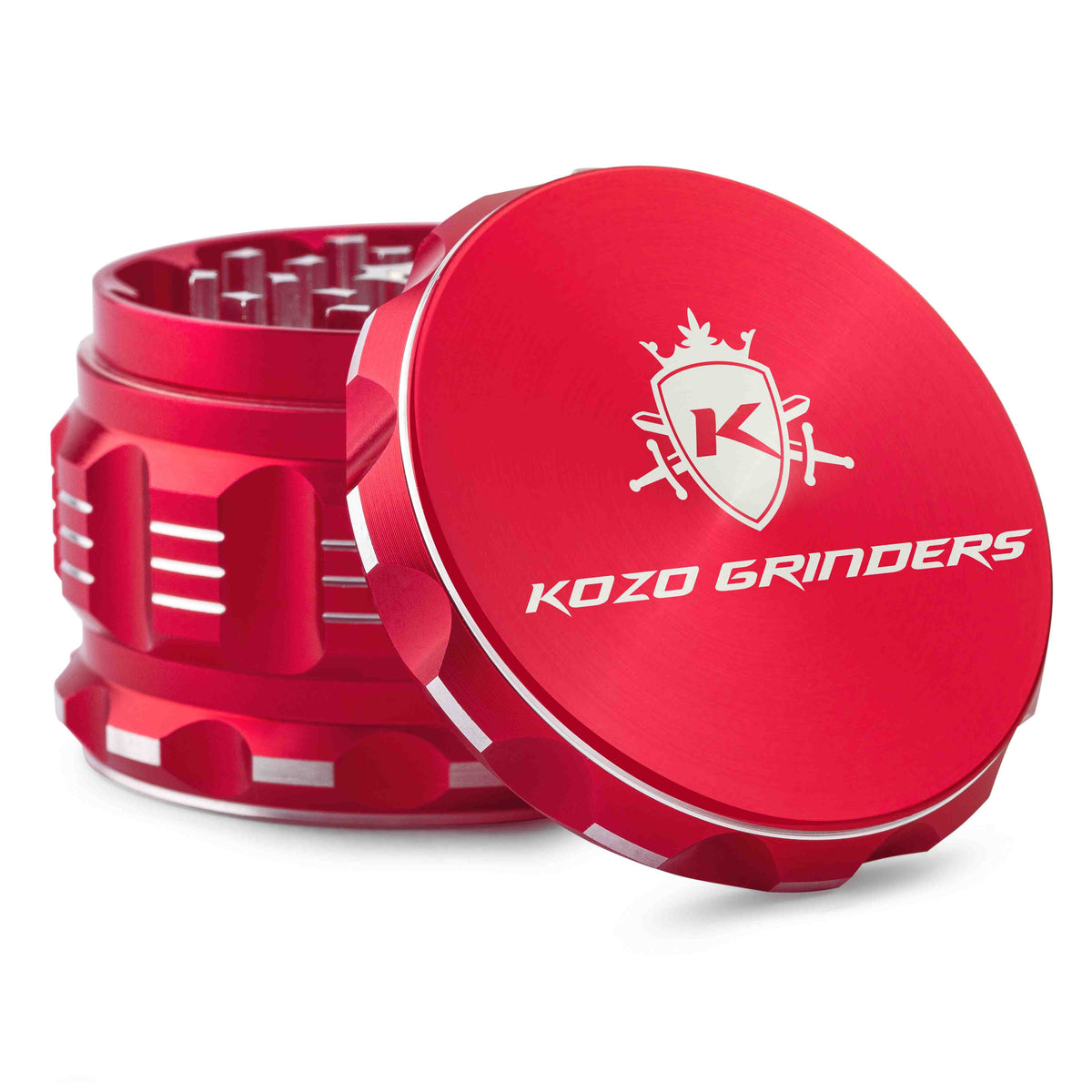 Kozo 2.5 inch aircraft-grade aluminum grinder in red, angled view with the lid tilted open and logo visible