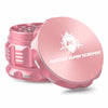 Kozo 2.5 inch aircraft-grade aluminum grinder in rose gold, angled view with the lid tilted open and logo visible