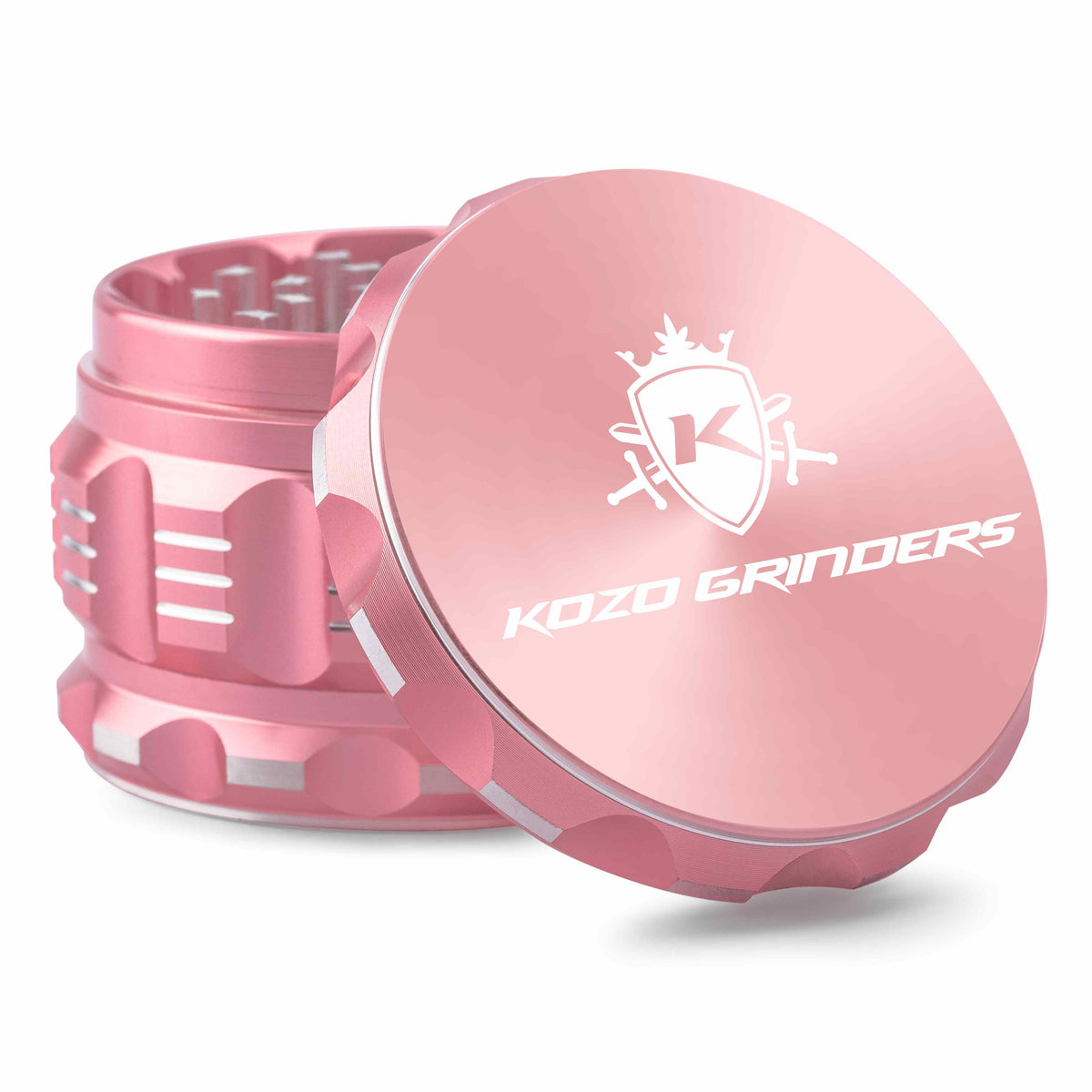 Kozo 2.5 inch aircraft-grade aluminum grinder in rose gold, angled view with the lid tilted open and logo visible