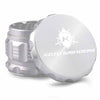 Kozo 2.5 inch aircraft-grade aluminum grinder in silver, angled view with the lid tilted open and logo visible
