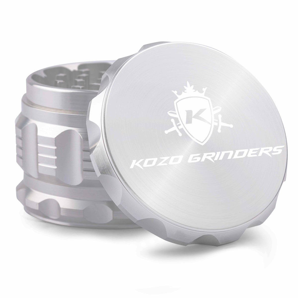 Kozo 2.5 inch aircraft-grade aluminum grinder in silver, angled view with the lid tilted open and logo visible