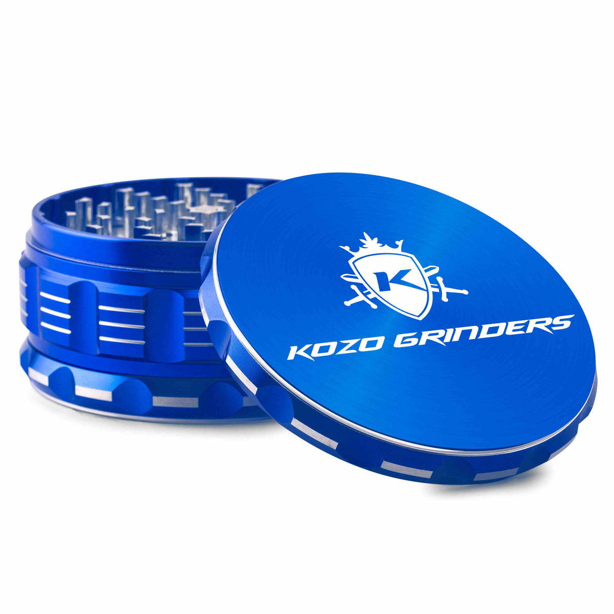 Kozo 4 inch aircraft-grade aluminum grinder in blue, angled view with the lid tilted open and logo visible