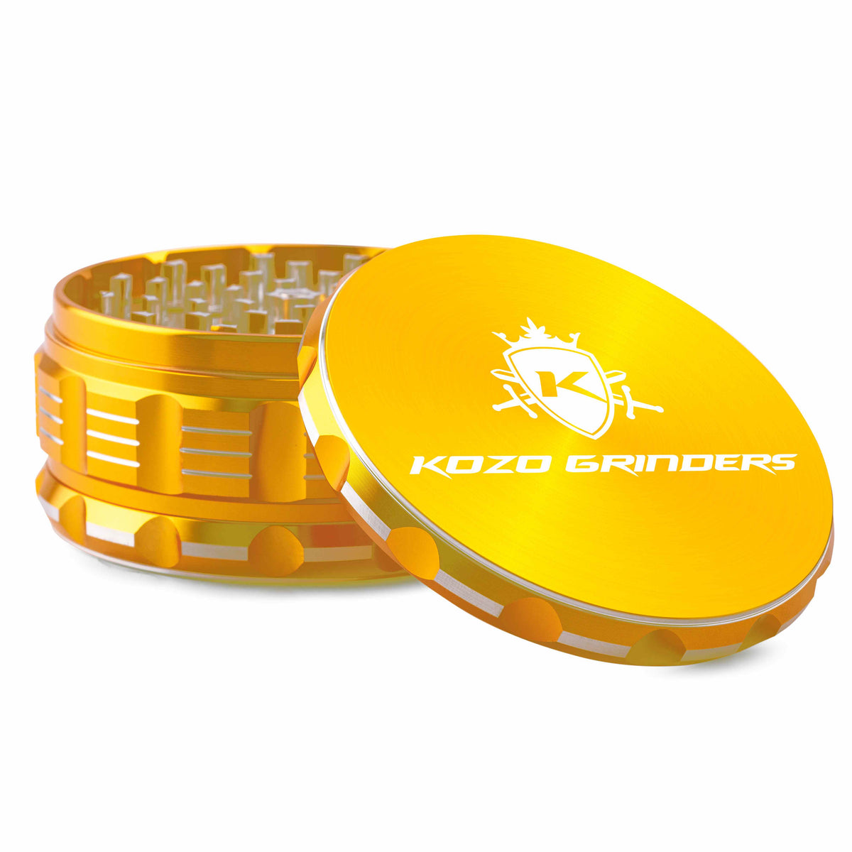 Kozo 4 inch aircraft-grade aluminum grinder in gold, angled view with the lid tilted open and logo visible