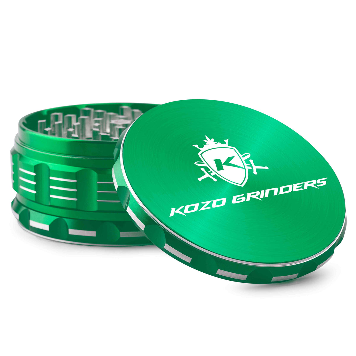 Kozo 4 inch aircraft-grade aluminum grinder in green, angled view with the lid tilted open and logo visible