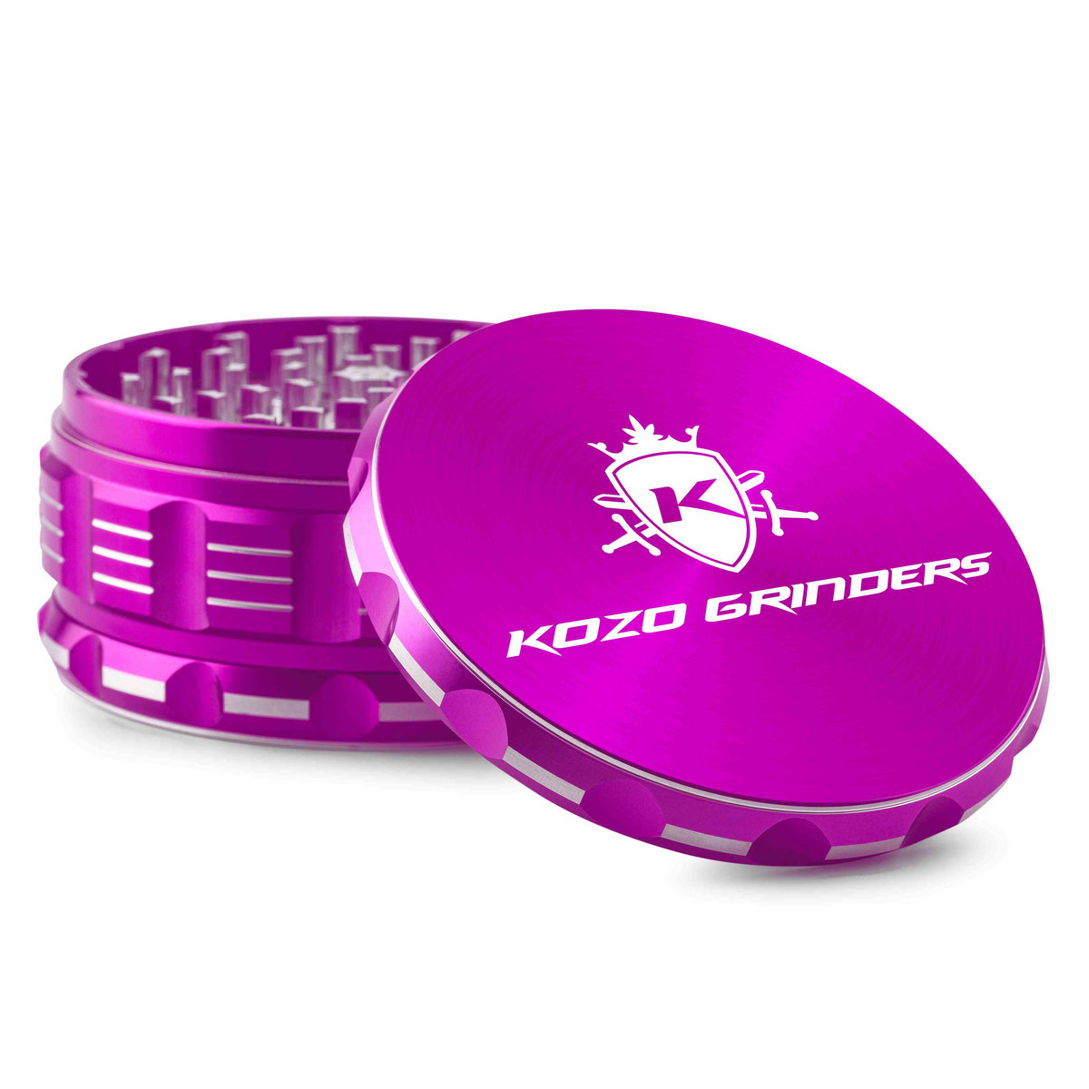 Kozo 4 inch aircraft-grade aluminum grinder in purple, angled view with the lid tilted open and logo visible