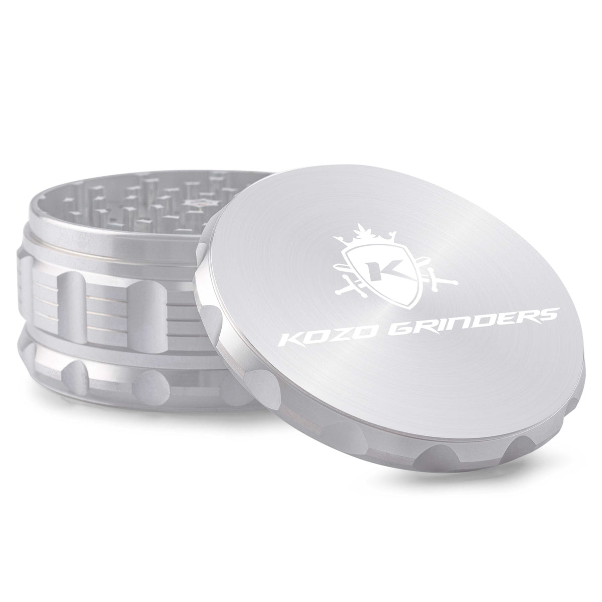 Kozo 4 inch aircraft-grade aluminum grinder in silver, angled view with the lid tilted open and logo visible