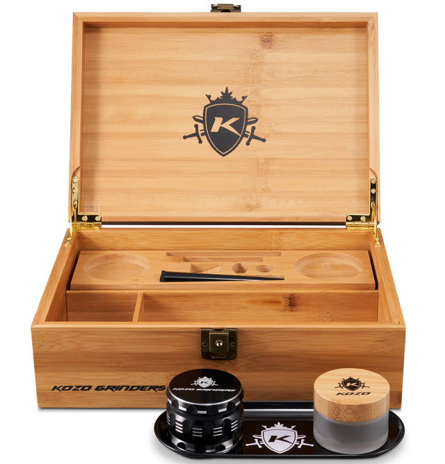 Kozo XL bamboo stash box set with hinged lid open, showing the grinder, tray and storage jar